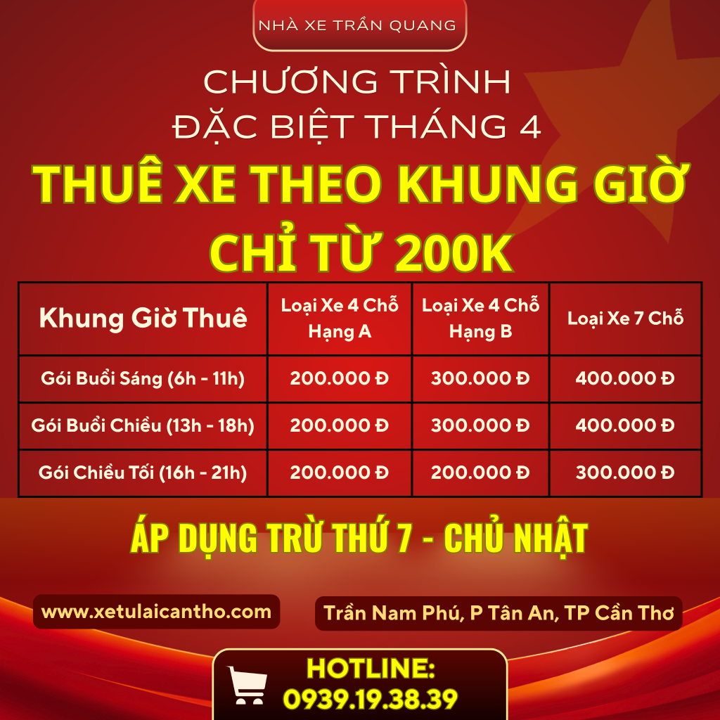 Thuê xe theo khung giờ tại Cần Thơ – Giá chỉ từ 200.000đ